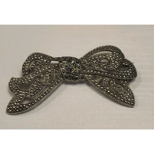 Silver Tone Bow Brooch With Marcasites 3.25X1.75" Pin